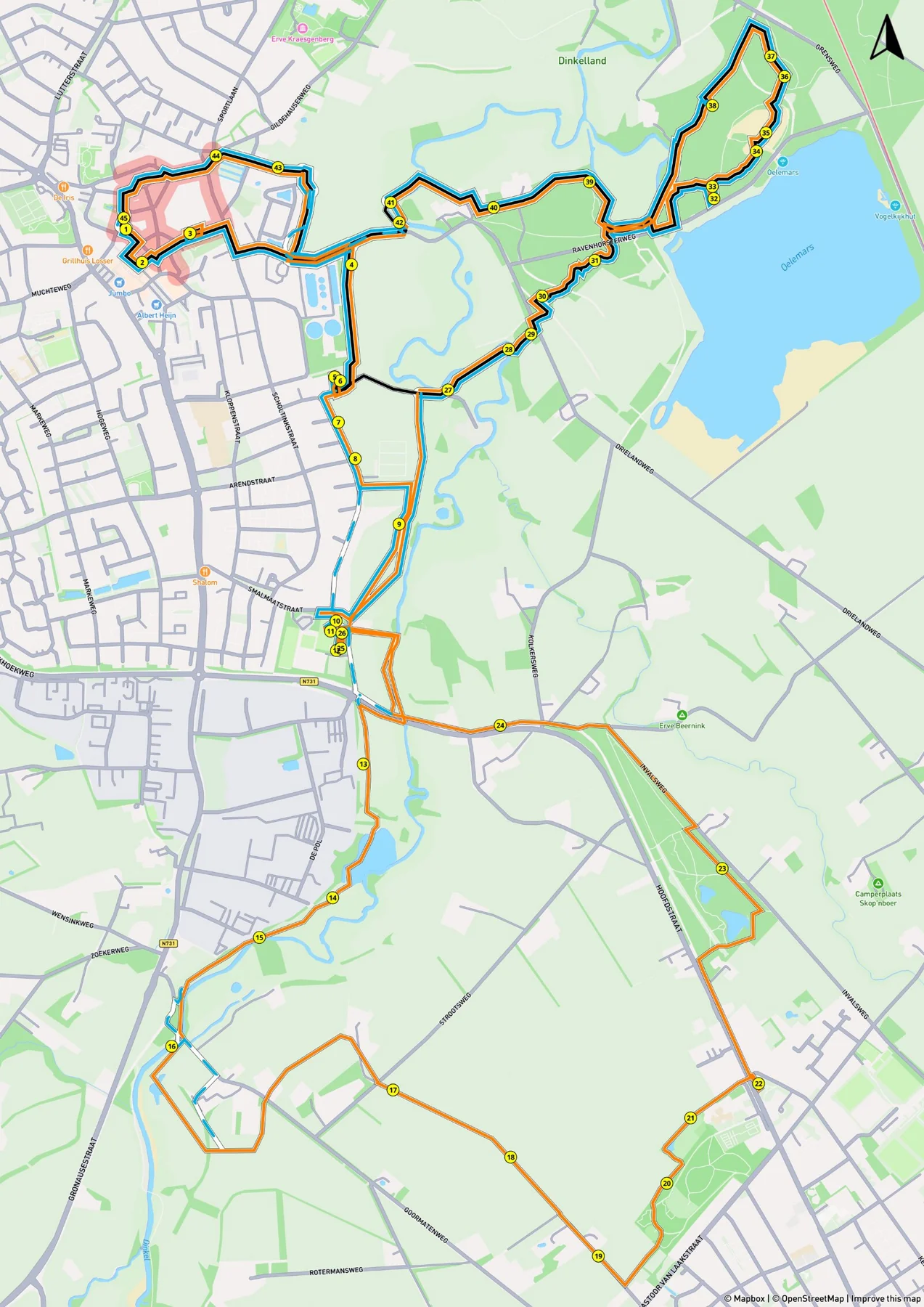 Plattegrond van de route uit 2026 door Losser en omgeving; indicatief voor 2027.